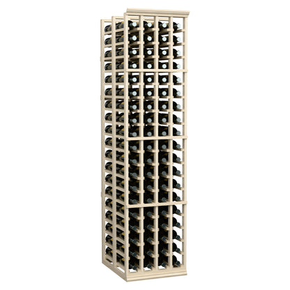 Double-deep wine rack with light wood frame filled with dark bottles and white caps