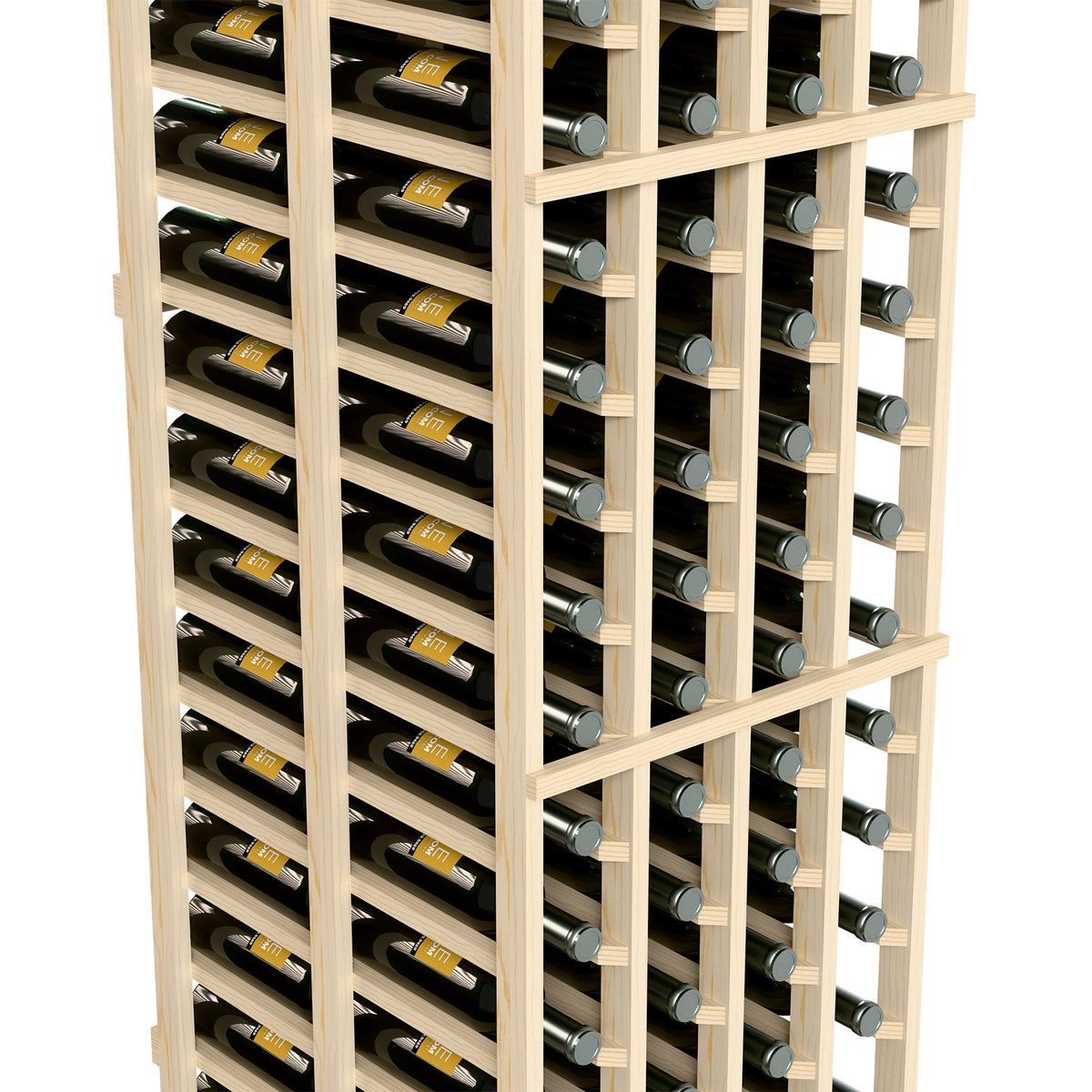 Close-up of double-deep wine rack showing light wood supports and bottle openings