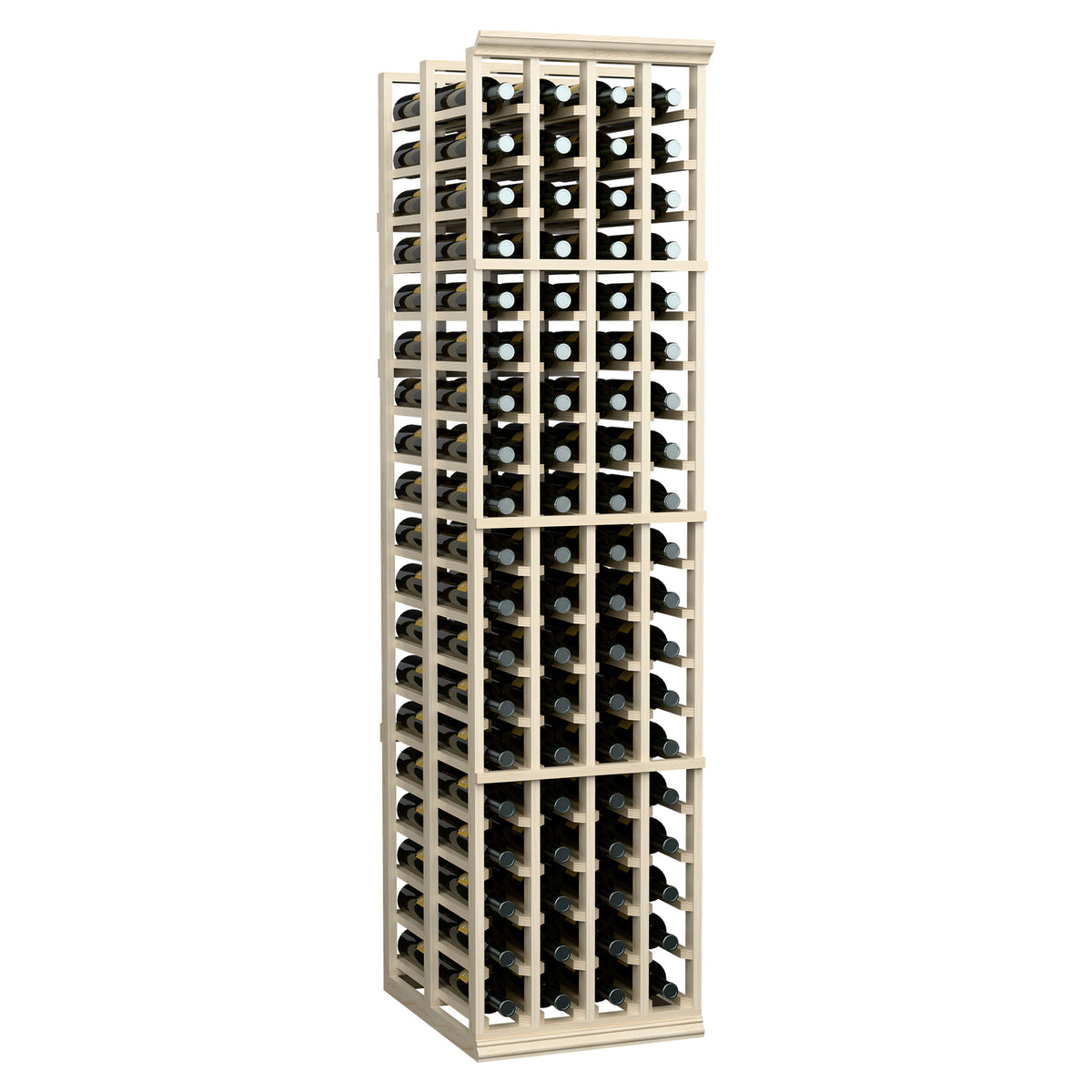 Double-deep wine rack with pale wood frame holding rows of dark wine bottles