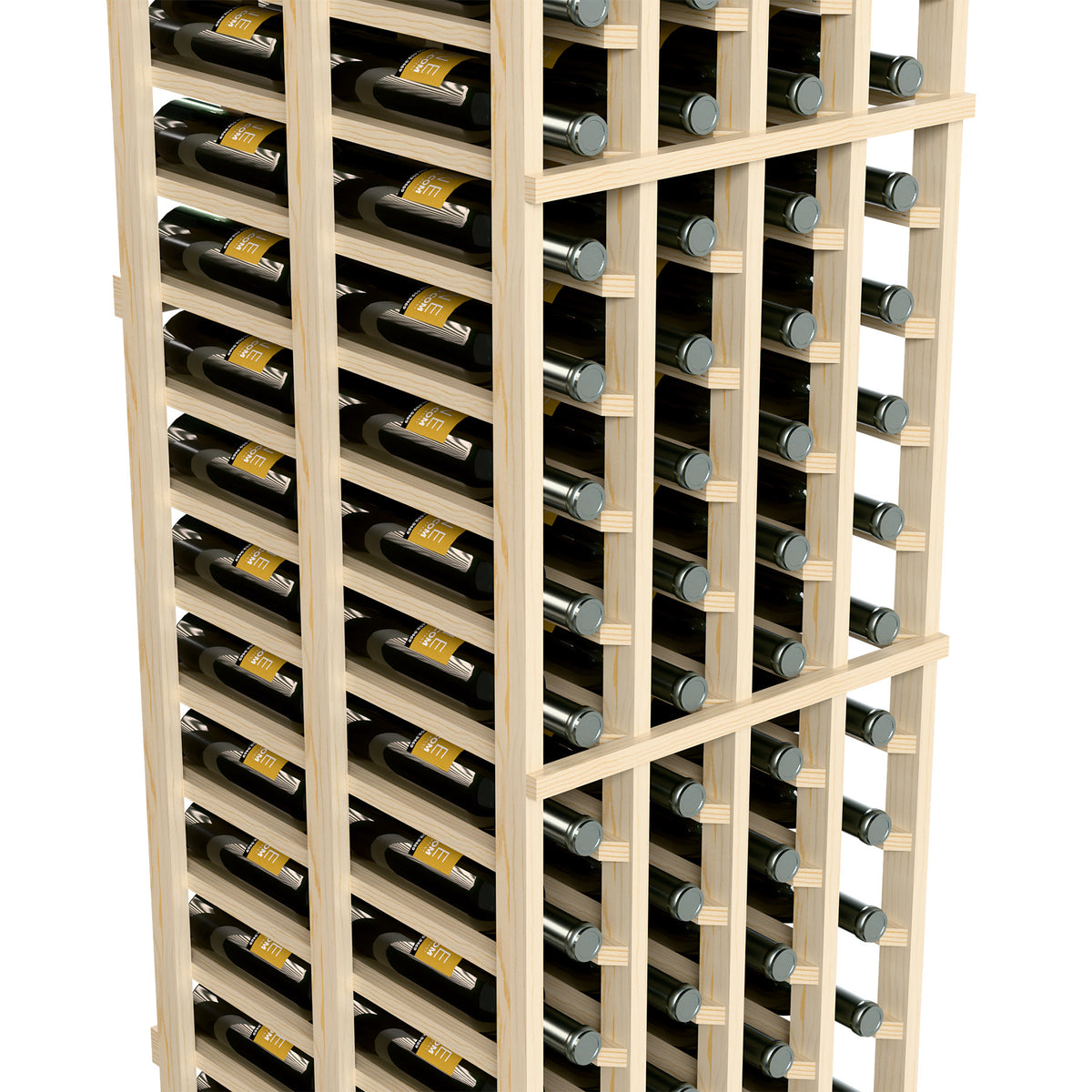 Close-up of pale wood double-deep wine rack with bottles stored in metal-capped rows