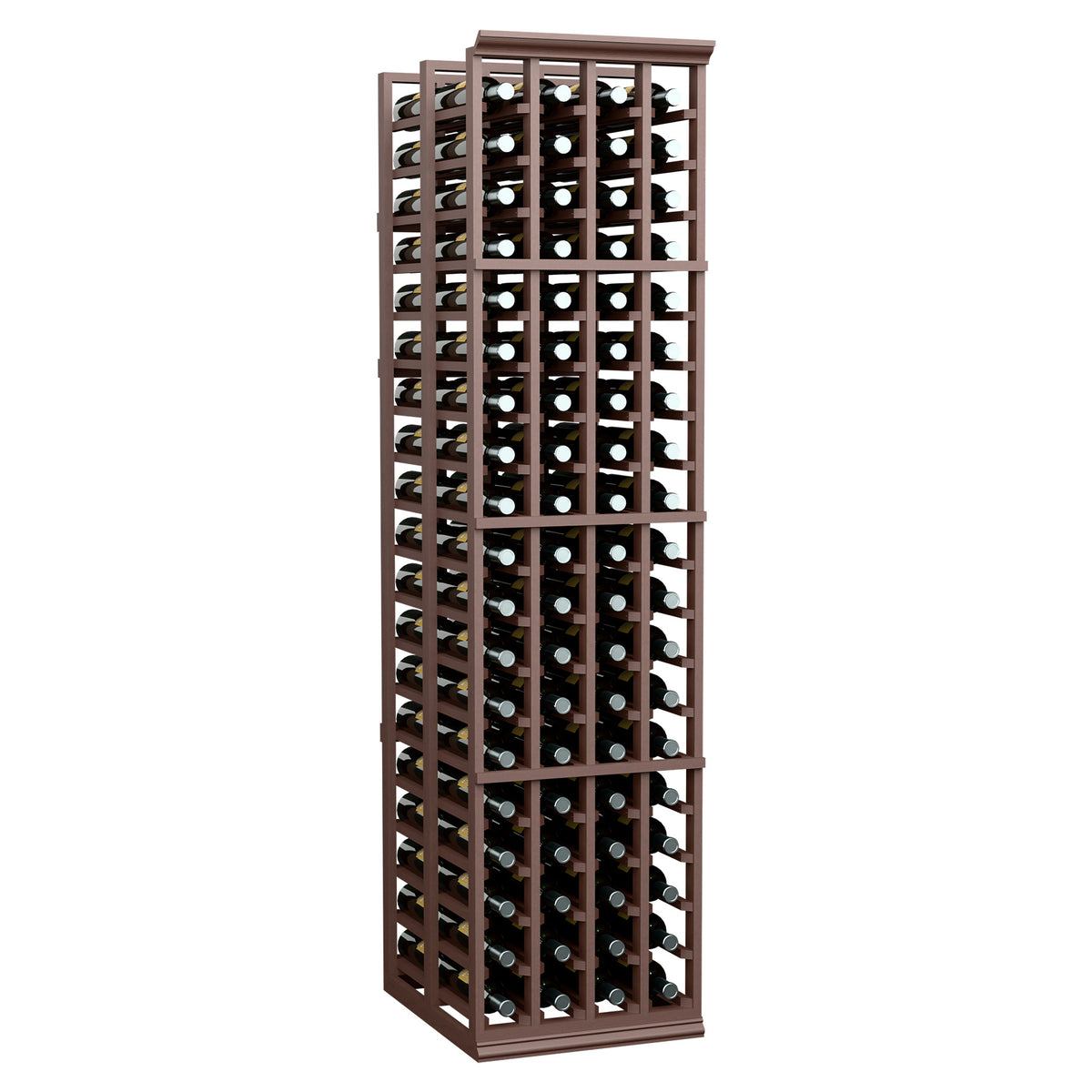 Double-deep wine rack with dark wood frame holding rows of dark bottles with white caps