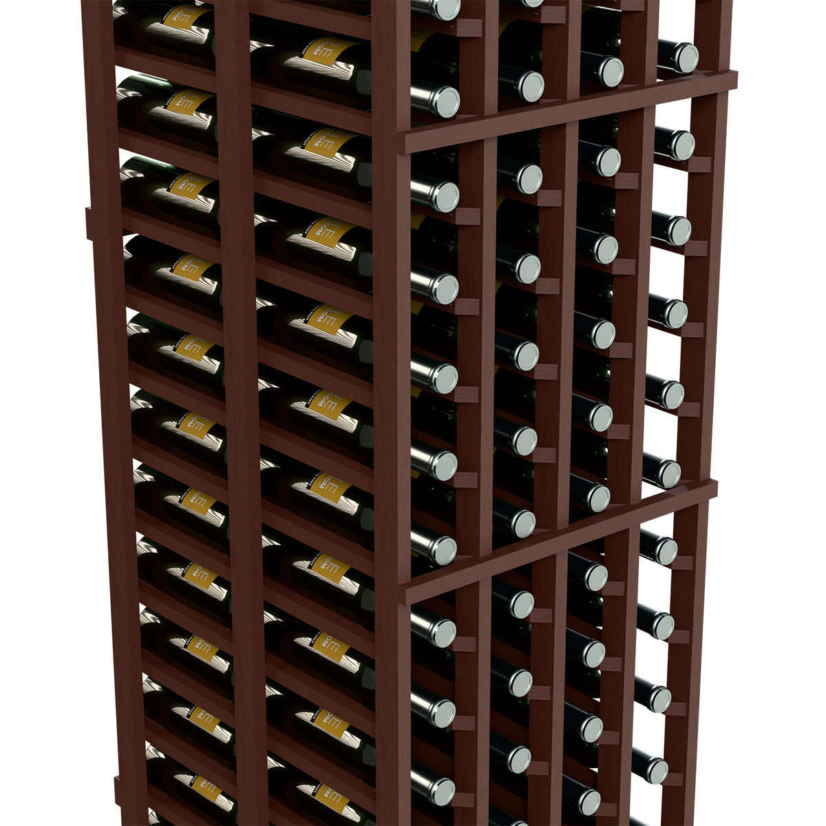 Close-up of dark wood double-deep wine rack with bottles in front and side rows