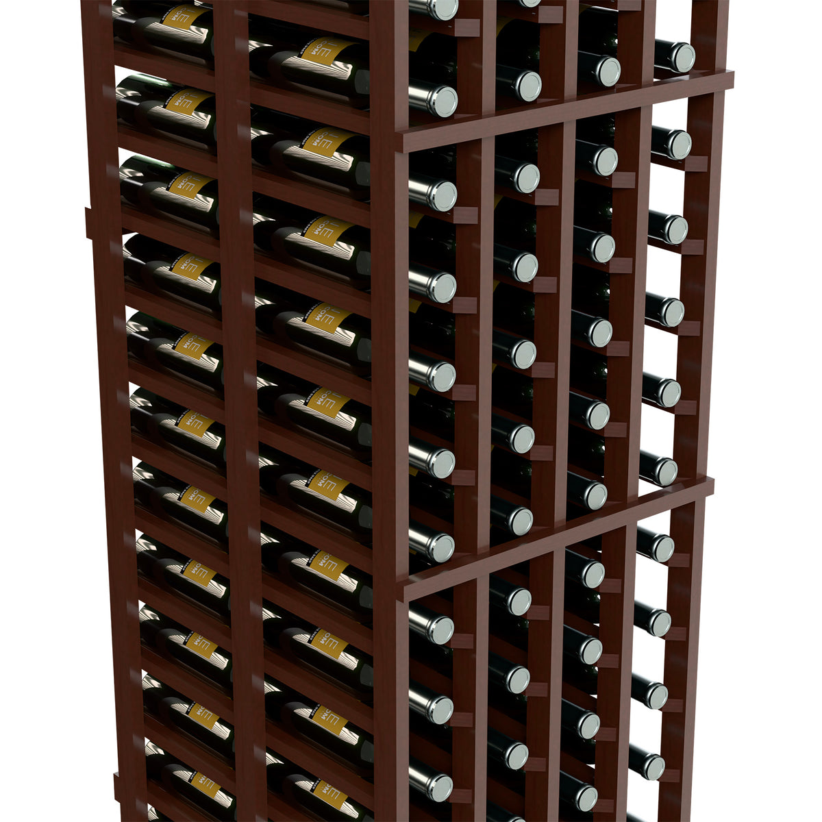 Close view of dark wooden wine rack with deep bottle slots and silver metal holders