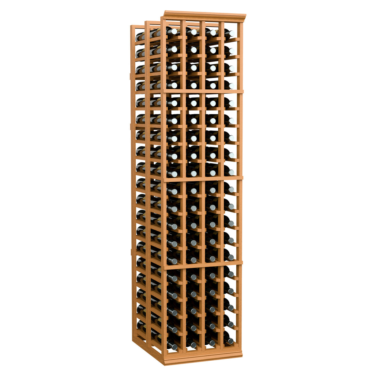 Light wooden 6-ft double deep wine bottle rack with four columns and bottle slots