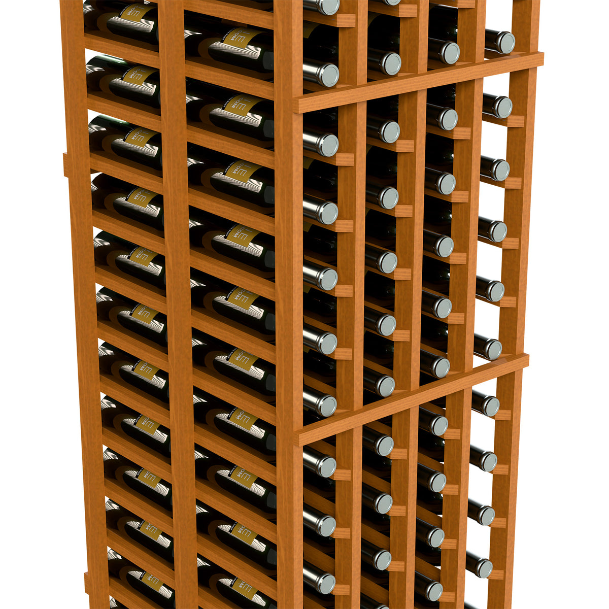 Closeup of light wooden wine rack with deep bottle slots and silver metal holders