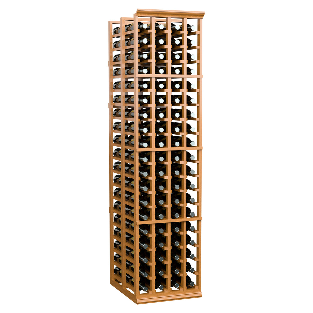 Light wooden 6-ft four-column double deep wine bottle storage rack, front view