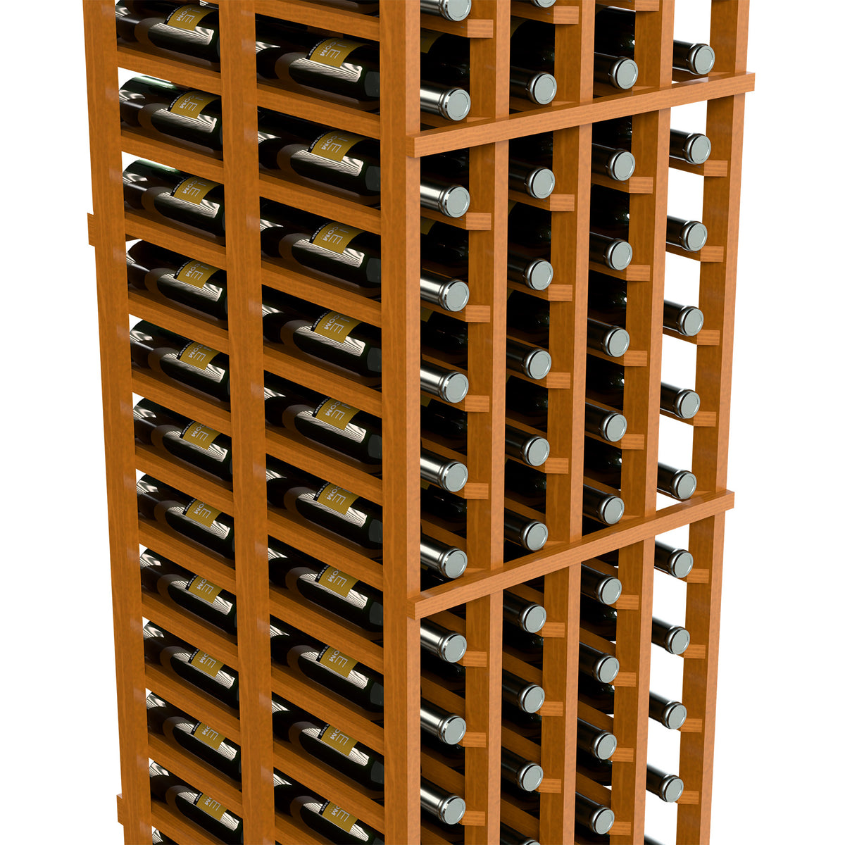 Angled view of light wooden 6-ft double deep wine bottle rack with bottle slots