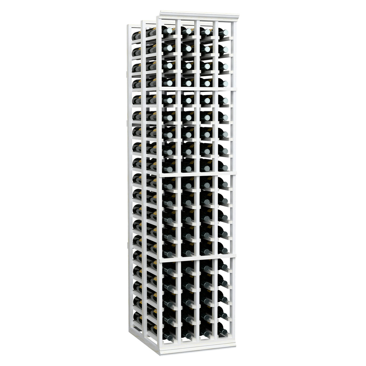 White 6-ft double deep wine bottle rack with four columns and silver metal holders