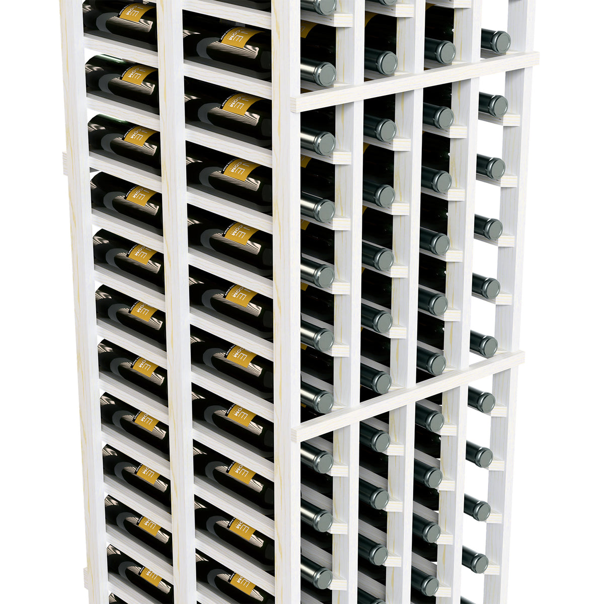 Close view of white wine rack with deep bottle slots and silver metal bottle holders