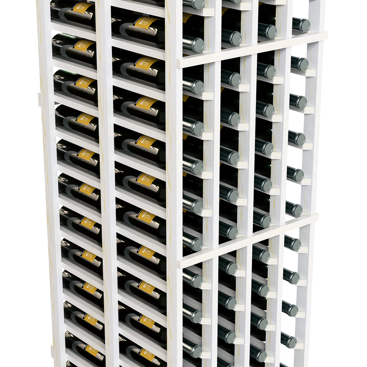 Closeup of white 6-ft double deep wine rack with bottle slots and silver metal holders