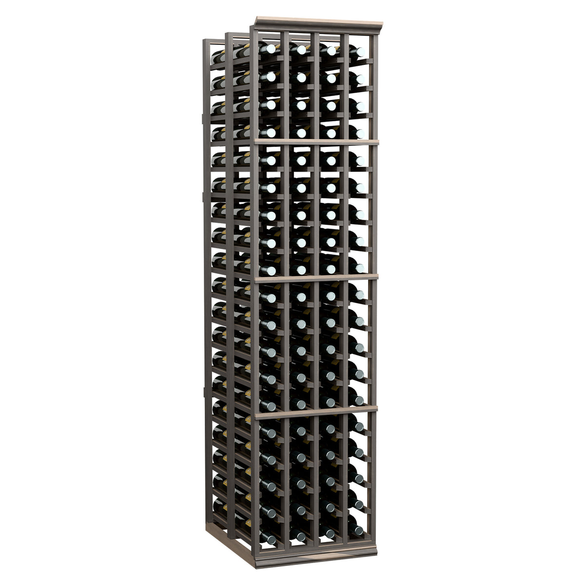 Double-deep wine rack with 4 columns, dark gray frame and wine bottles