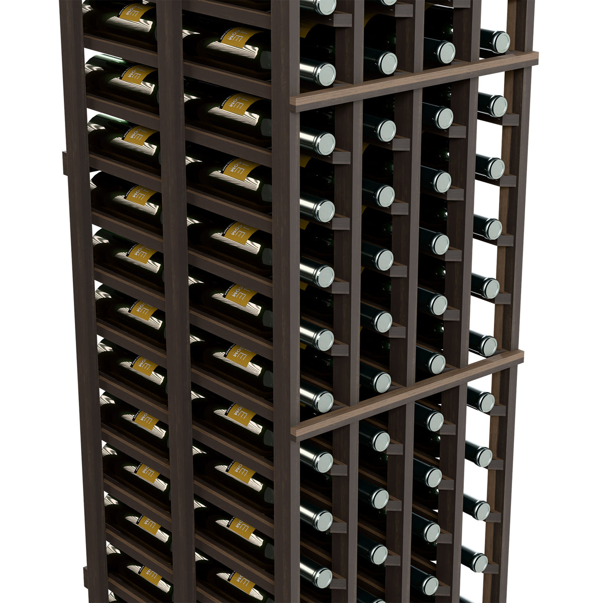 Double-deep wine rack close-up, dark gray frame with multiple bottle slots
