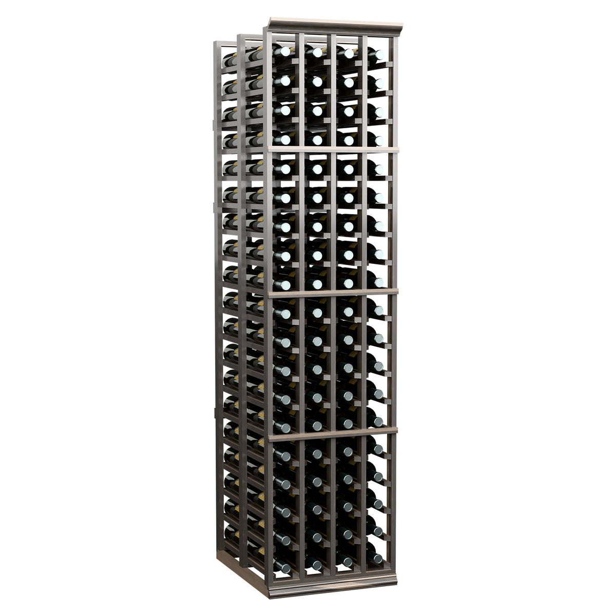 Double-deep wine rack with 4 columns, dark gray frame holding wine bottles