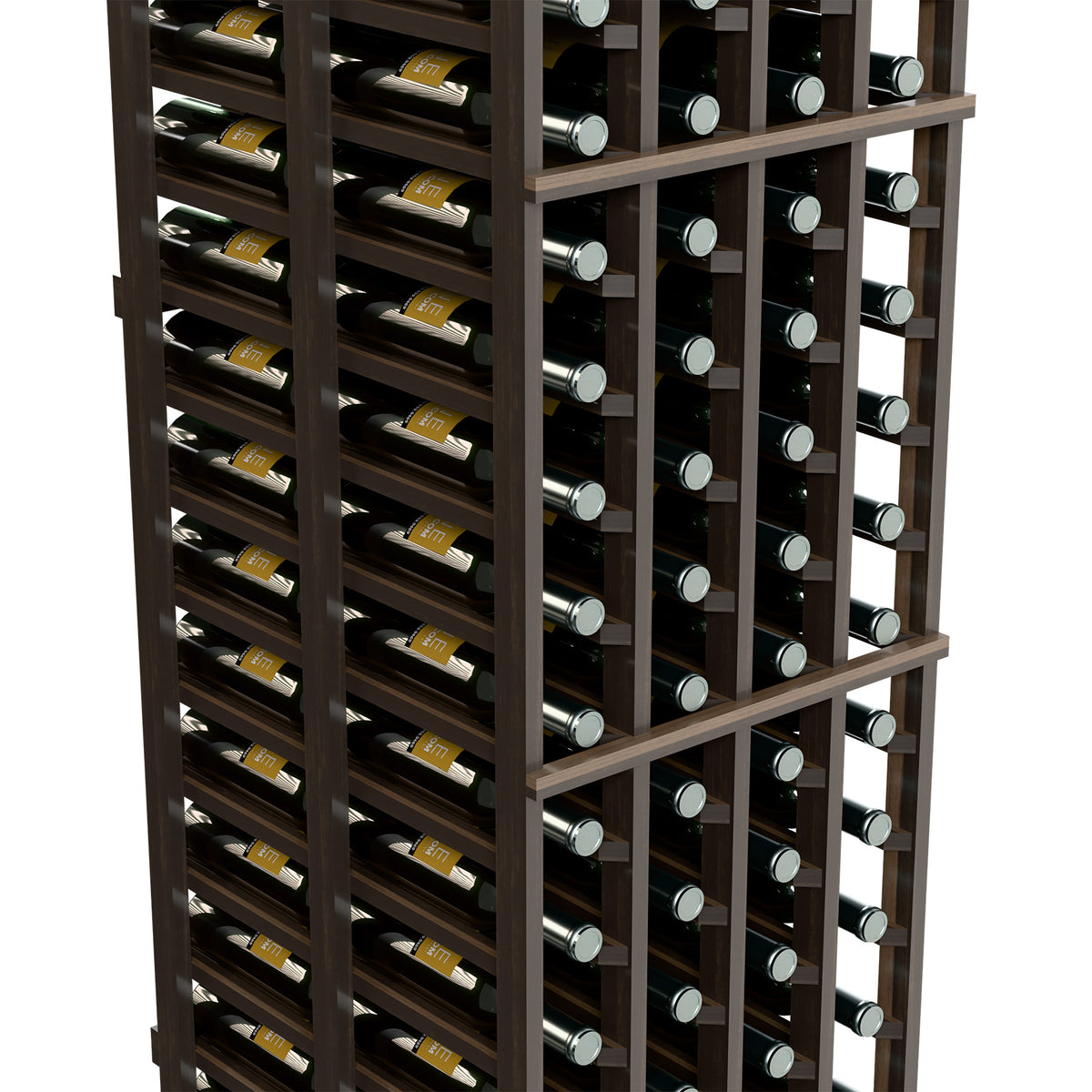 Double-deep wine rack close-up, dark gray wood frame with wine bottle rows