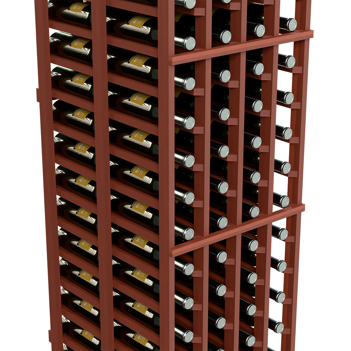Double-deep wine rack close-up, reddish-brown frame with many bottle openings