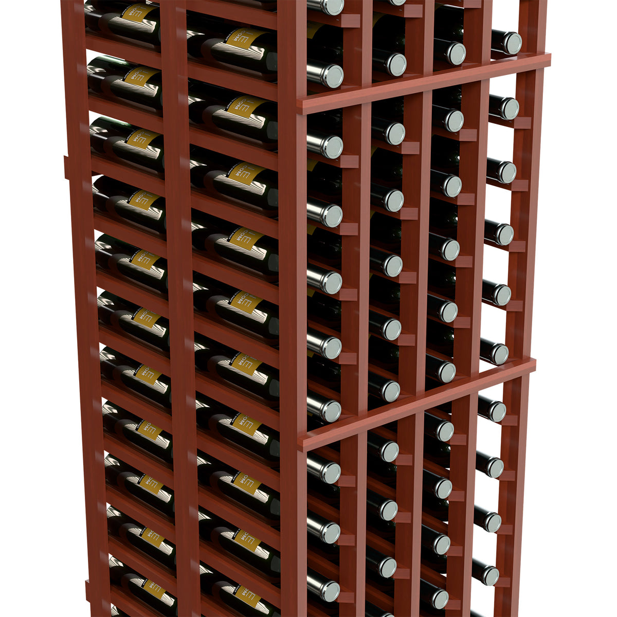 Double-deep wine rack close-up, reddish-brown wood frame with bottle rows