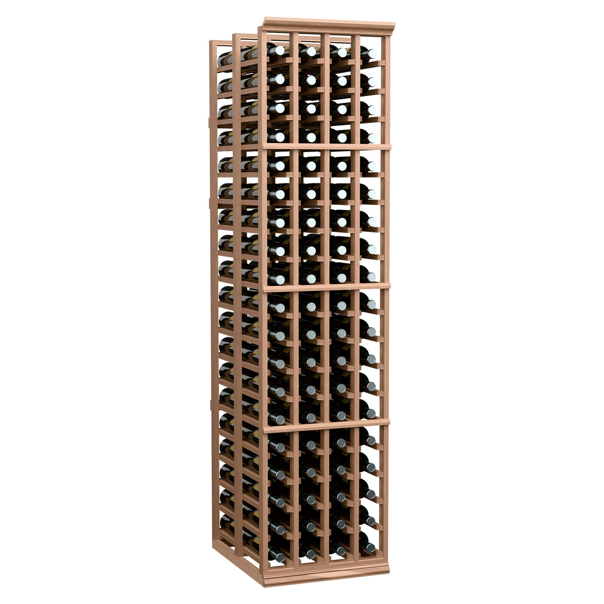 Double-deep wine rack with 4 columns, reddish-brown frame and wine bottle slots