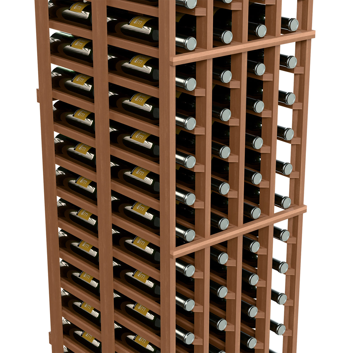 Double-deep wine rack close-up, reddish-brown frame with stacked wine bottles