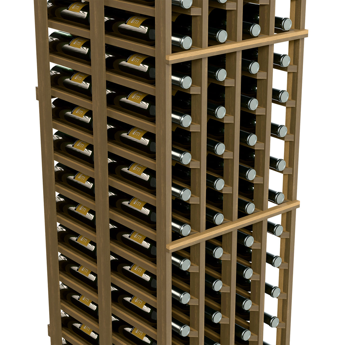 Close view of wooden wine rack bays with two-deep bottle rows and metal rims