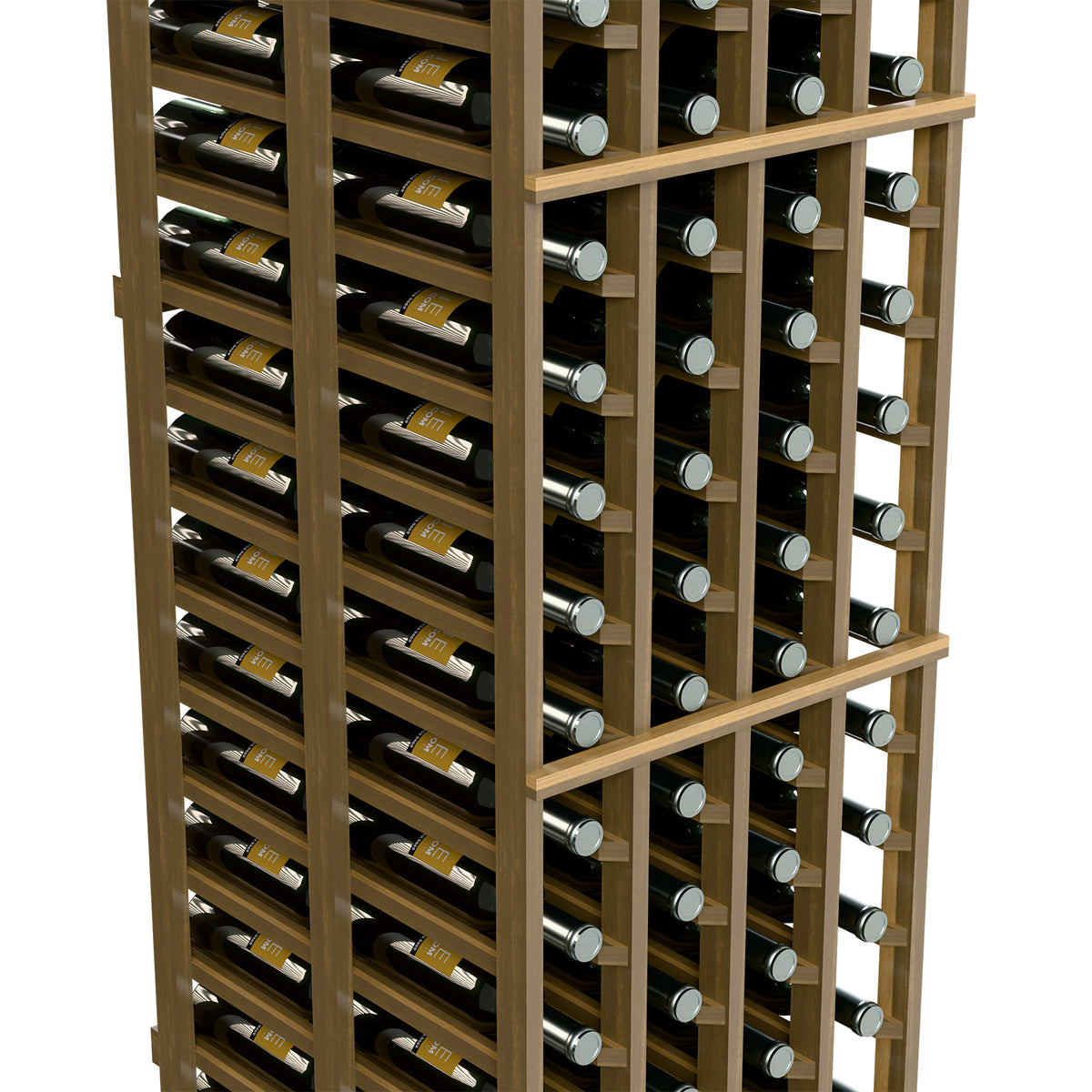 Wooden wine rack with double-deep bottle compartments and evenly spaced slots