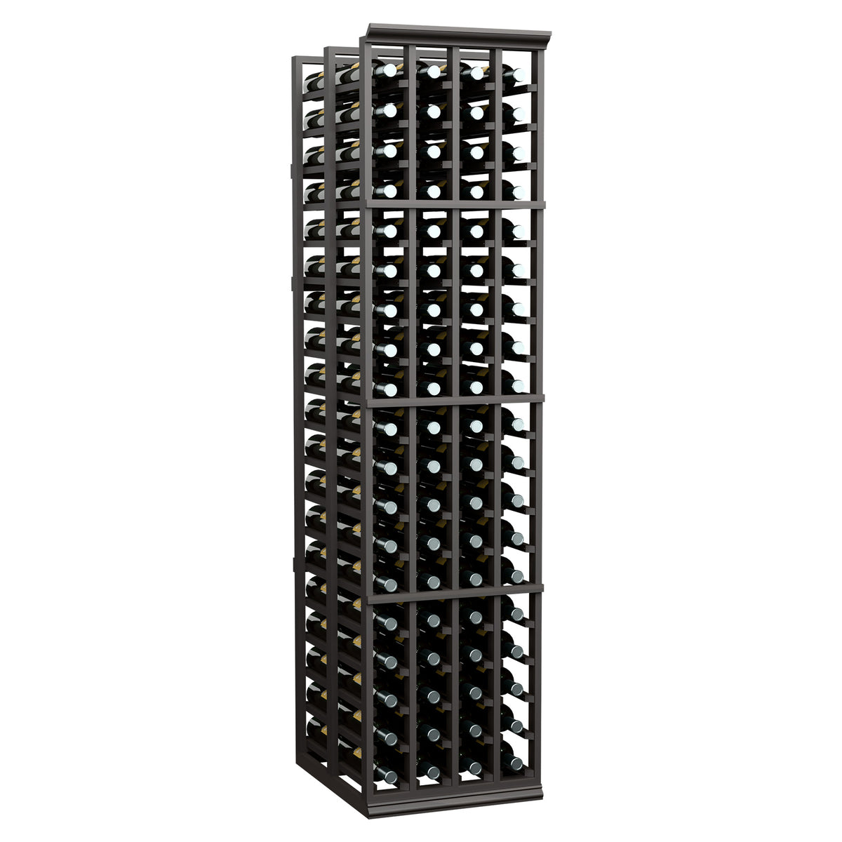 Tall 4-column double-deep wine rack in dark finish with open lattice bottle storage