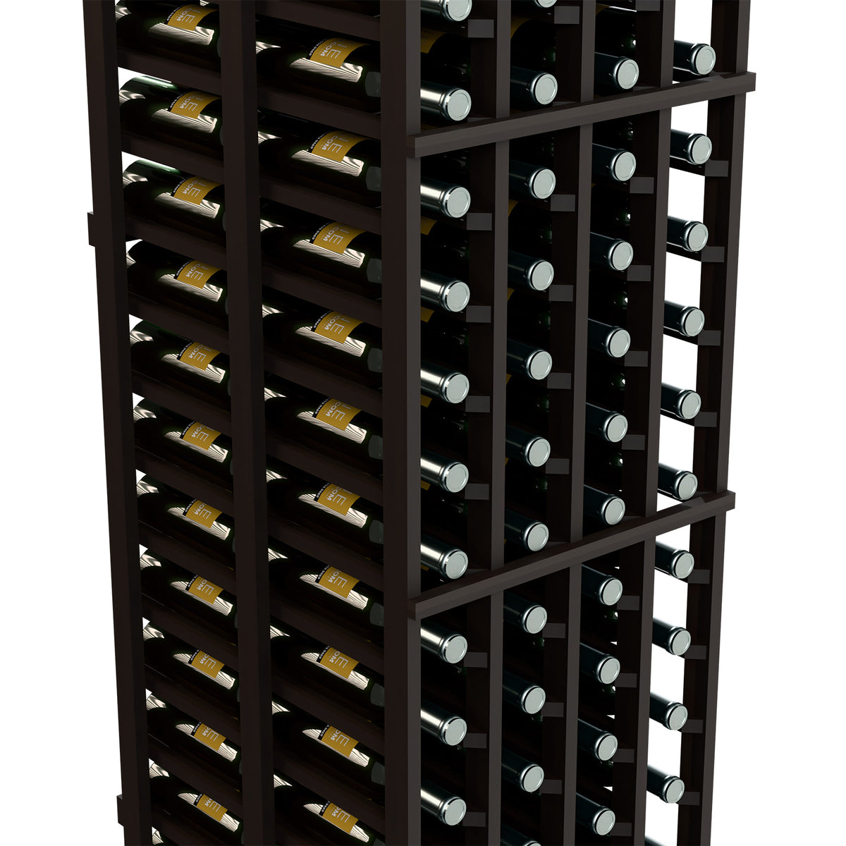 Dark wooden wine rack close-up with two-deep bottle bays and silver bottle bottoms