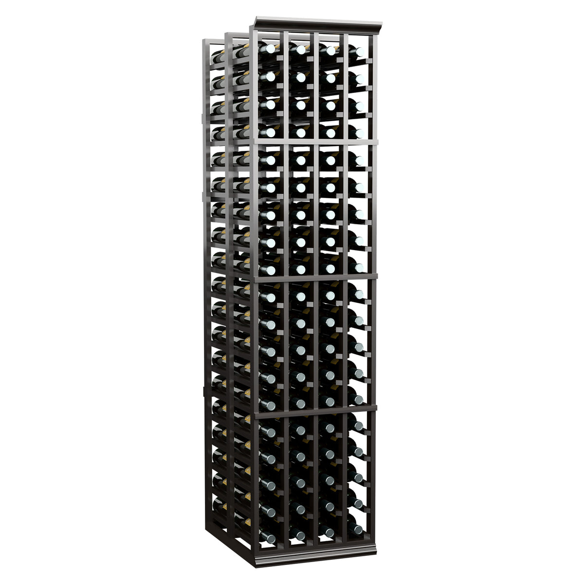 4-column double-deep dark wine rack with vertical bottle slots and top support rail