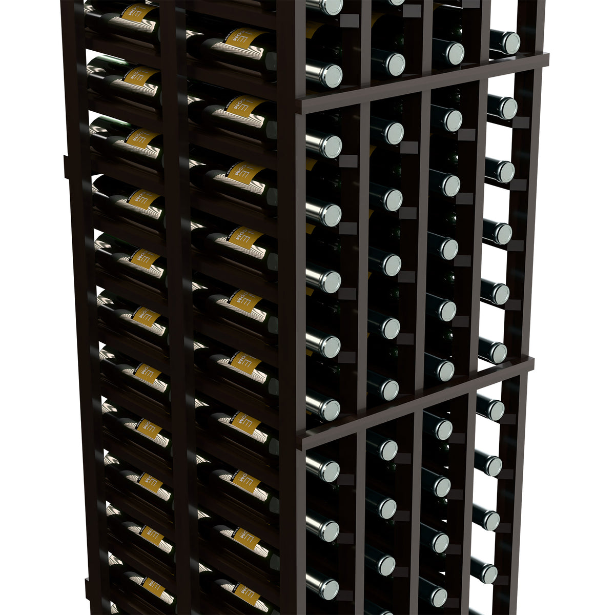 Dark wine rack with open lattice showing two deep rows of bottles on grids
