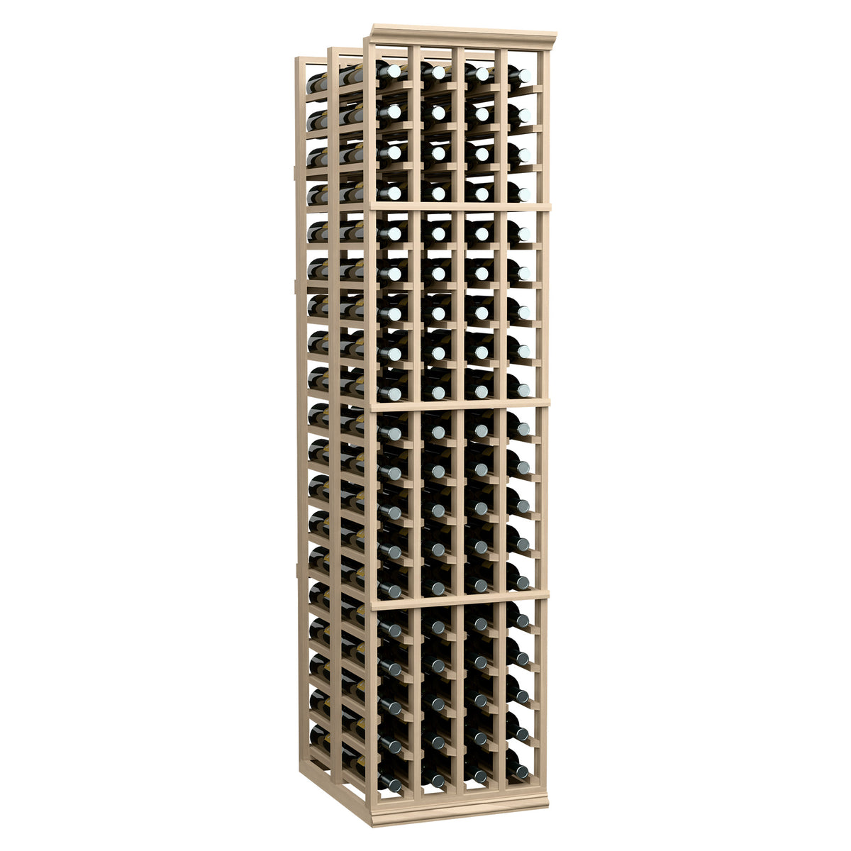 Wood wine bottle rack with divided slots, full-height double-deep storage for many bottles.