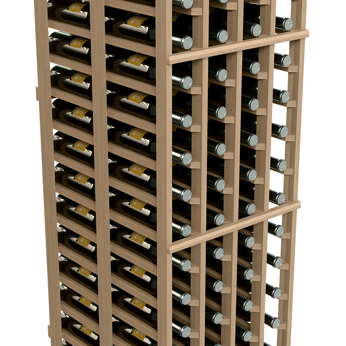 Close-up of divided wooden wine rack slots holding bottles with silver caps.