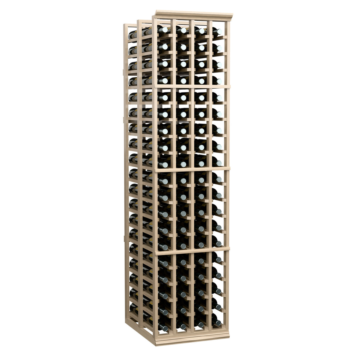 Tall wooden wine rack with multiple horizontal rows and two deep bottle columns.