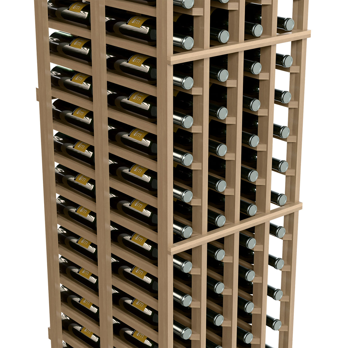 Angled view of wooden wine rack bays with bottles and silver caps in each slot.