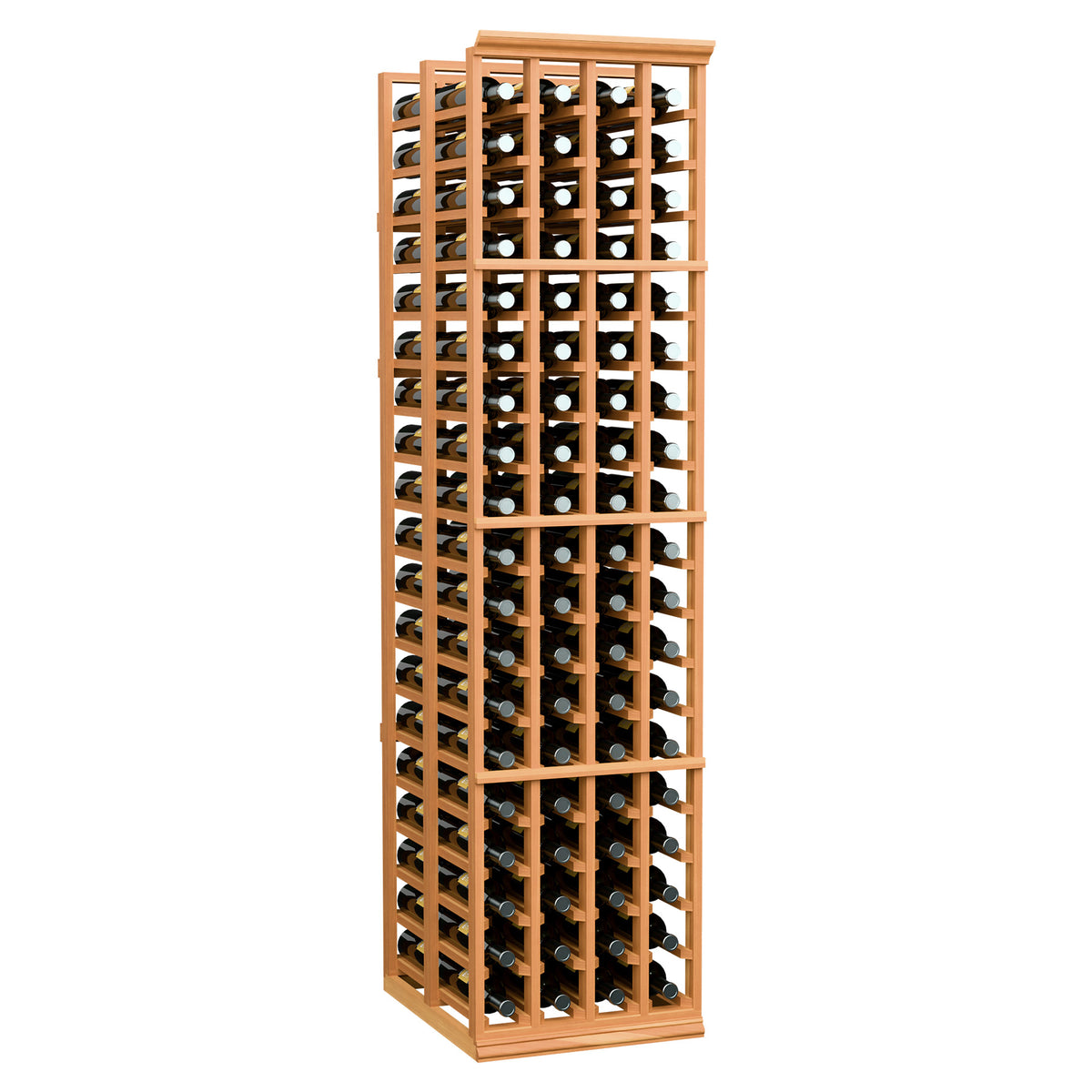Tall reddish wood wine bottle rack with divided rows and front-facing bottle openings.