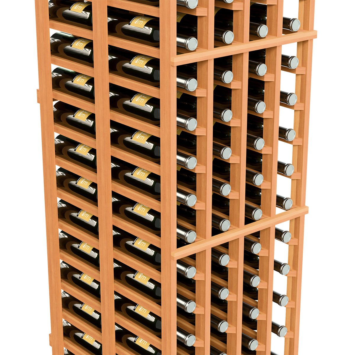 Close-up of reddish wooden wine rack holding wine bottles in closely spaced slots.