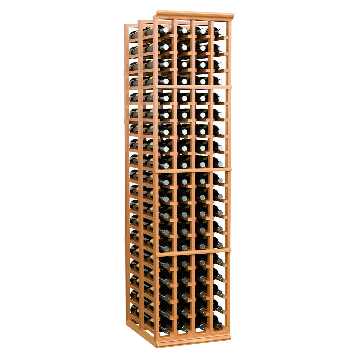 Front view of reddish wood wine rack with double-deep bottle storage and many rows.