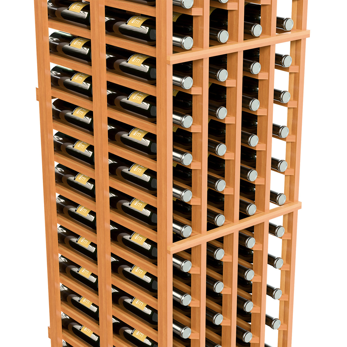 Angled view of reddish wooden wine rack with wine bottles and silver caps in slots.