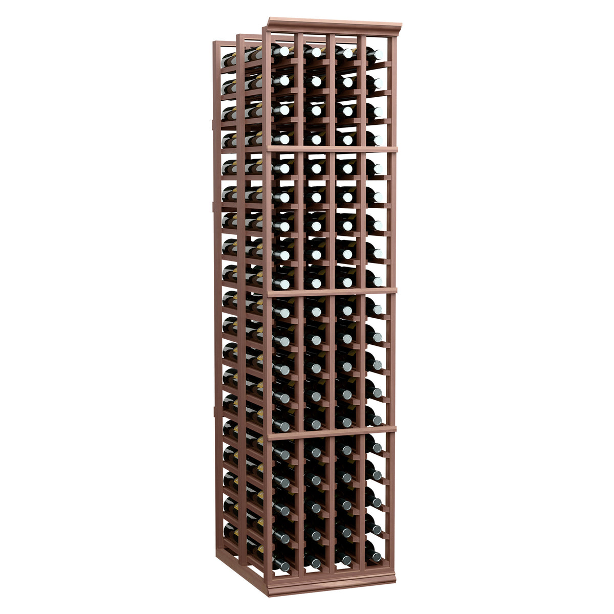 Tall dark brown wooden wine rack with divided compartments for bottles in rows.