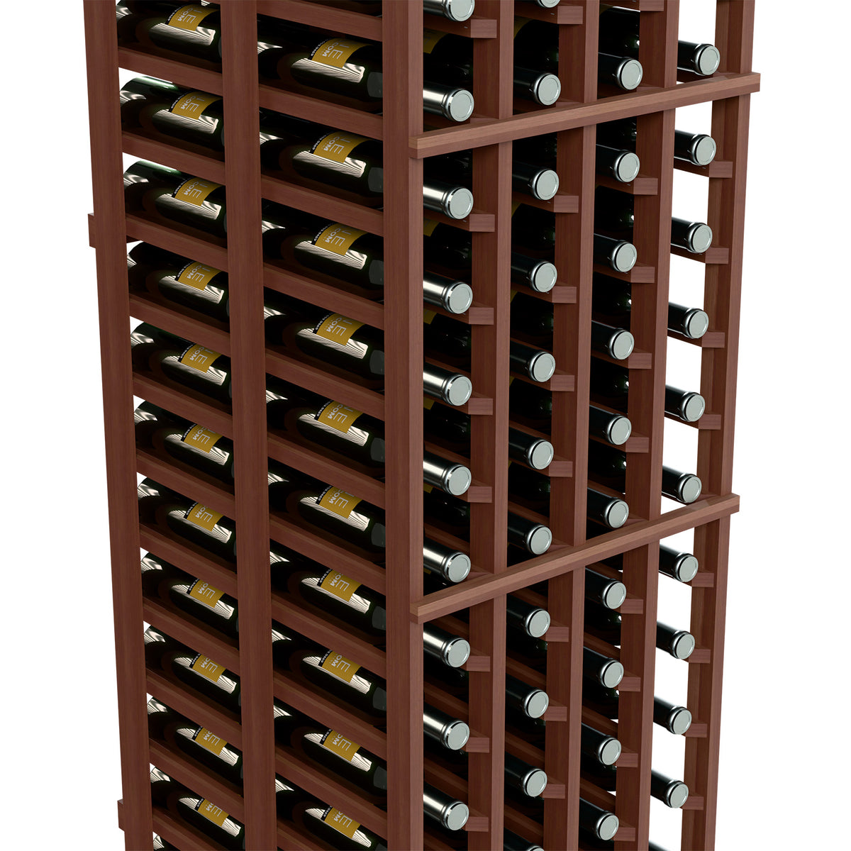 Close-up of dark brown wooden wine rack compartments holding wine bottles with silver caps.
