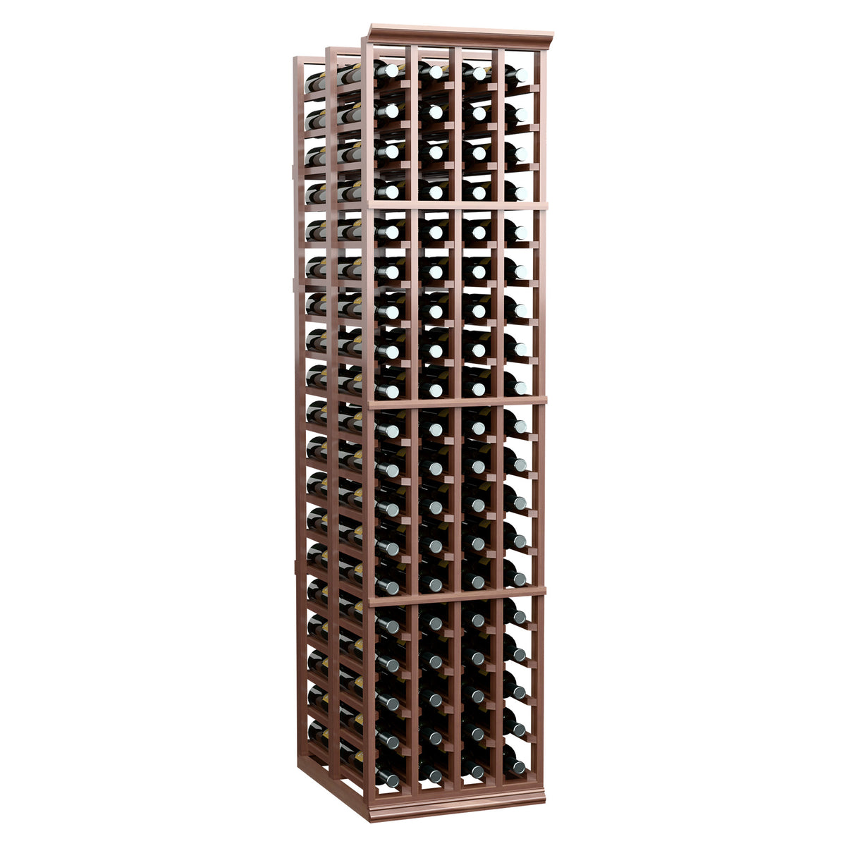 Four-column double-deep wine rack holding bottles in multiple rows, dark wood finish