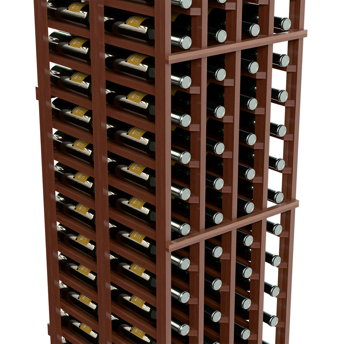 Four-column double-deep wine rack with wine bottles and glasses, dark wood frame close-up