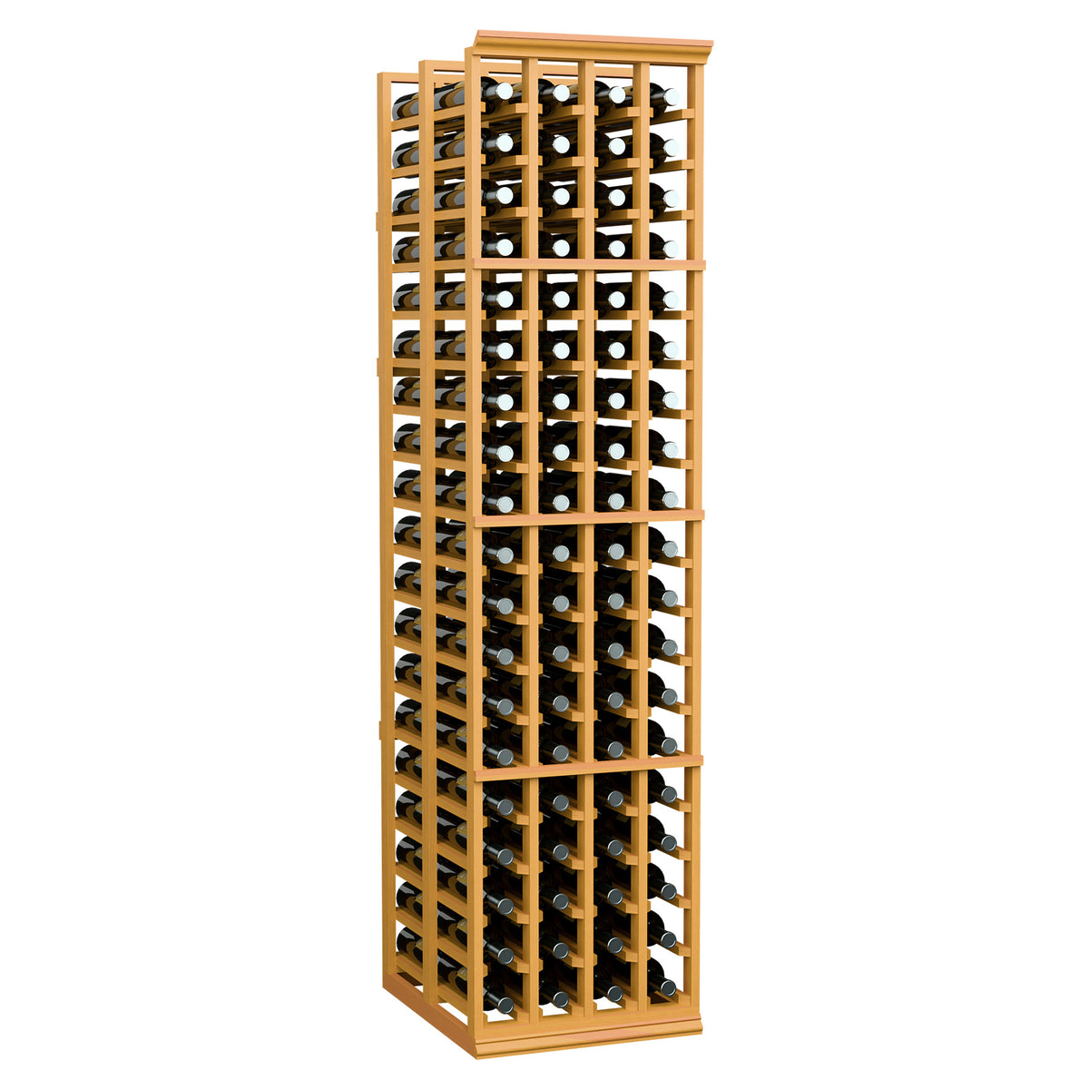 Four-column double-deep wine rack holding bottles in multiple rows, light wood finish