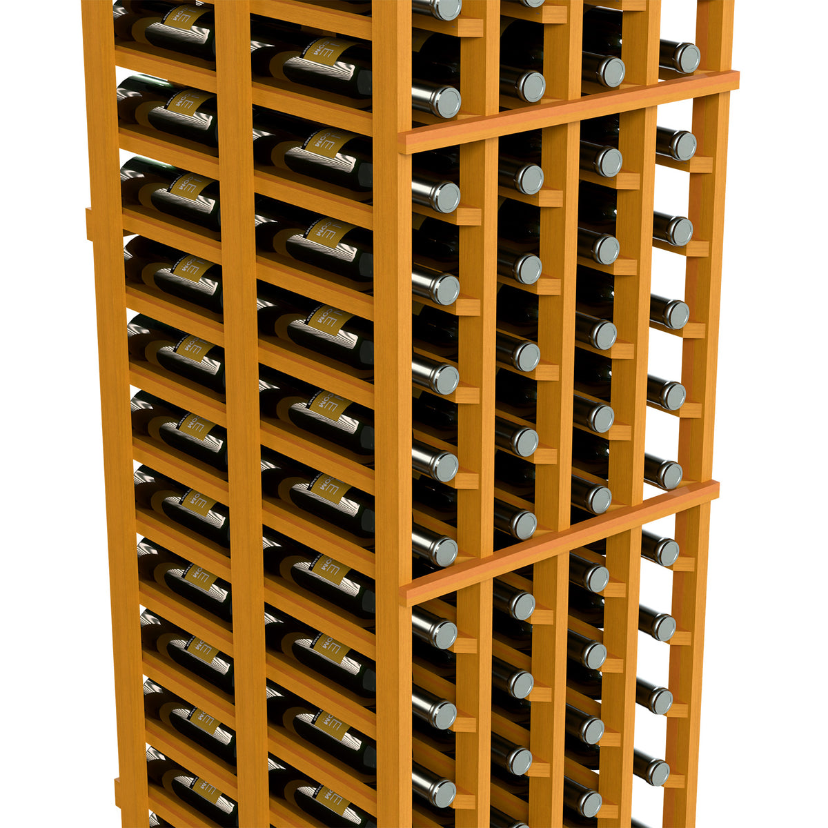 Four-column double-deep wine rack with bottle rows and metal caps, light wood frame close-up