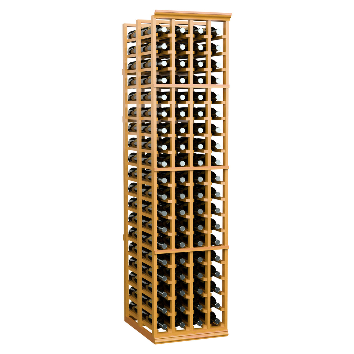 Four-column double-deep wine rack holding bottles in multiple rows, warm light wood
