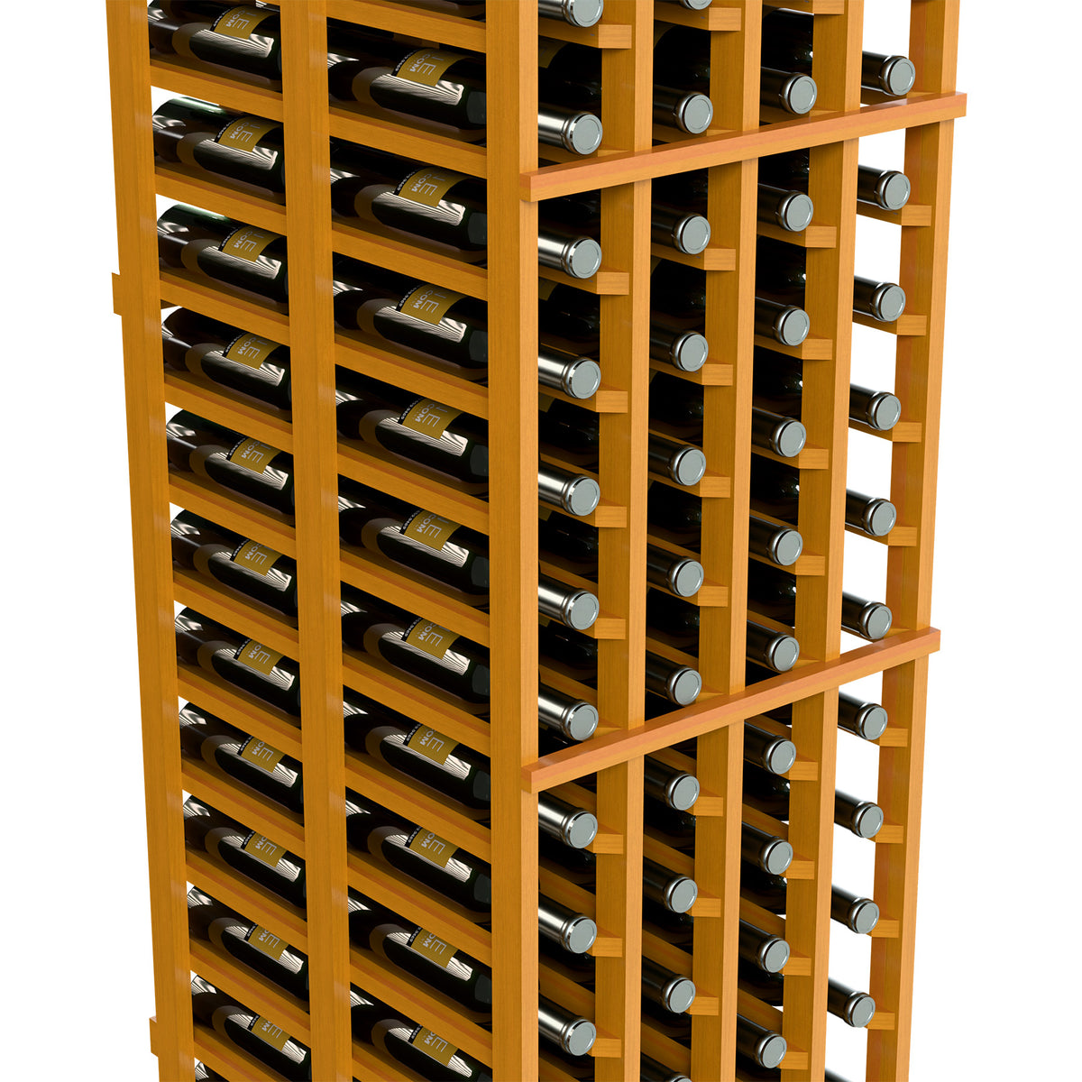Four-column double-deep wine rack with bottle and glass slots, warm light wood close-up