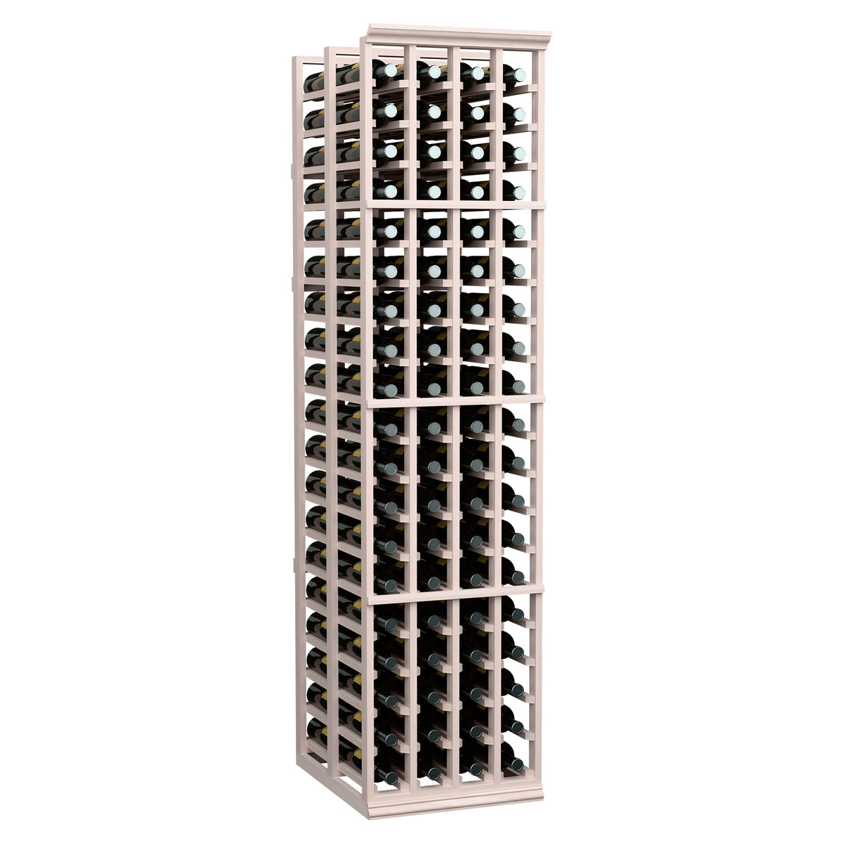 Four-column double-deep wine rack holding bottles in multiple rows, light gray wood finish