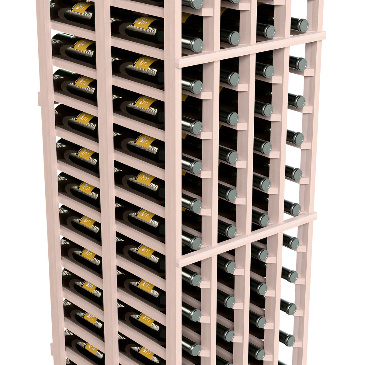 Four-column double-deep wine rack with bottle rows and glass slots, light gray finish close-up