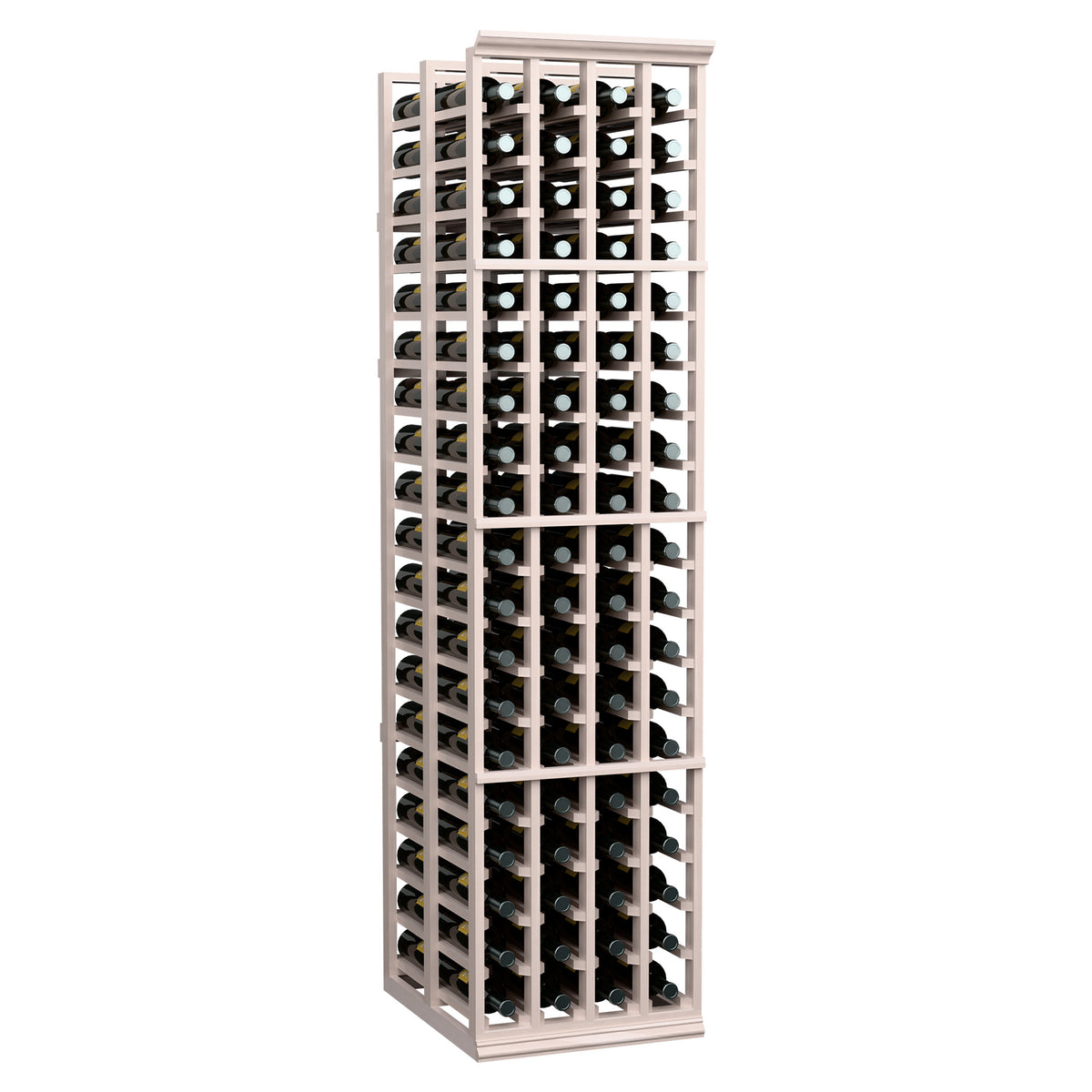 Four-column double-deep wine rack holding bottles in multiple rows, pale gray wood finish