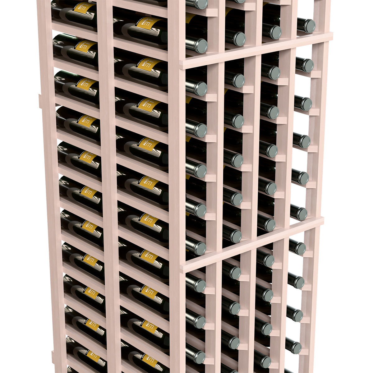 Four-column double-deep wine rack with bottle rows and bottle labels, light white wood frame