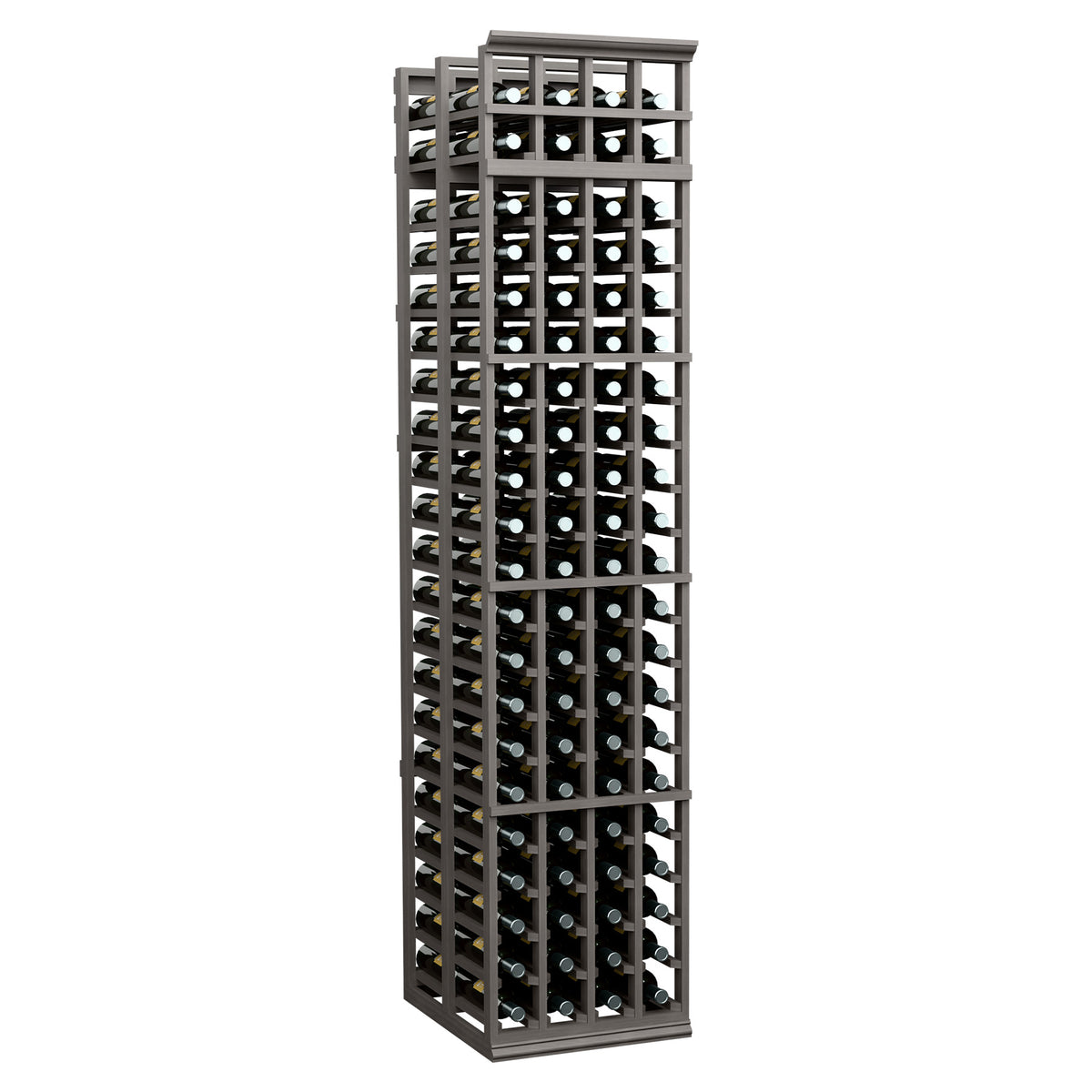 Tall wine bottle storage rack with lattice sides and rows of bottle holes, dark finish