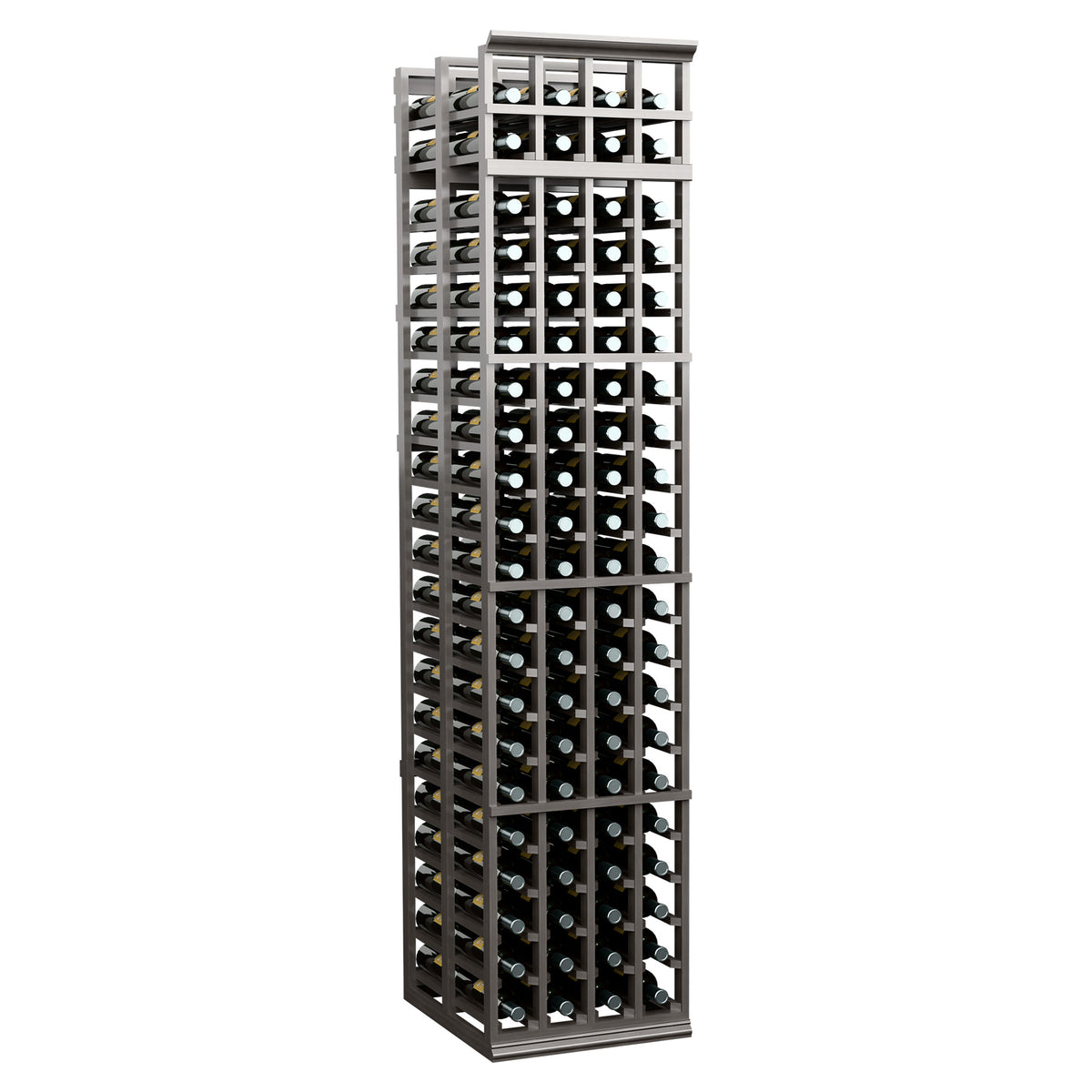 Tall wine bottle storage rack with open lattice design and bottle slots, dark grey finish